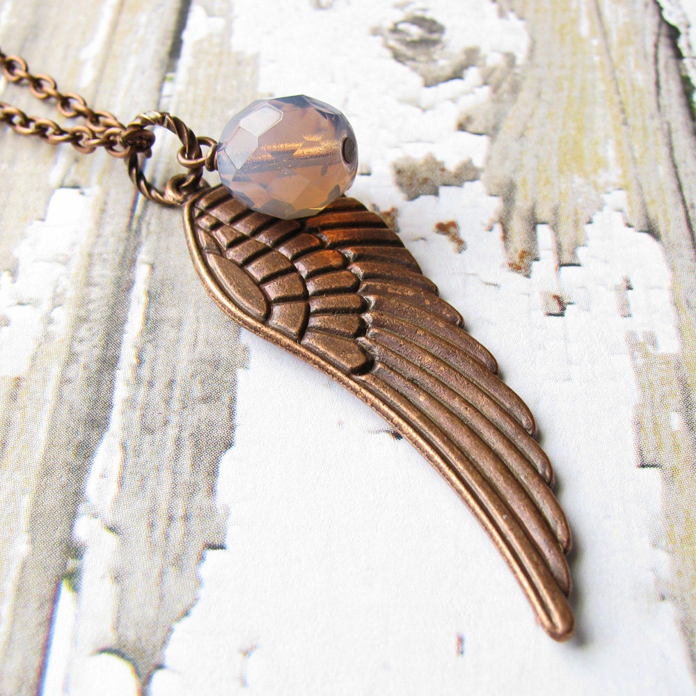 Angel Wing Necklace, Antiqued Copper Pendant, Lilac Glass Accent Bead - Long Necklace, Fashion Jewelry