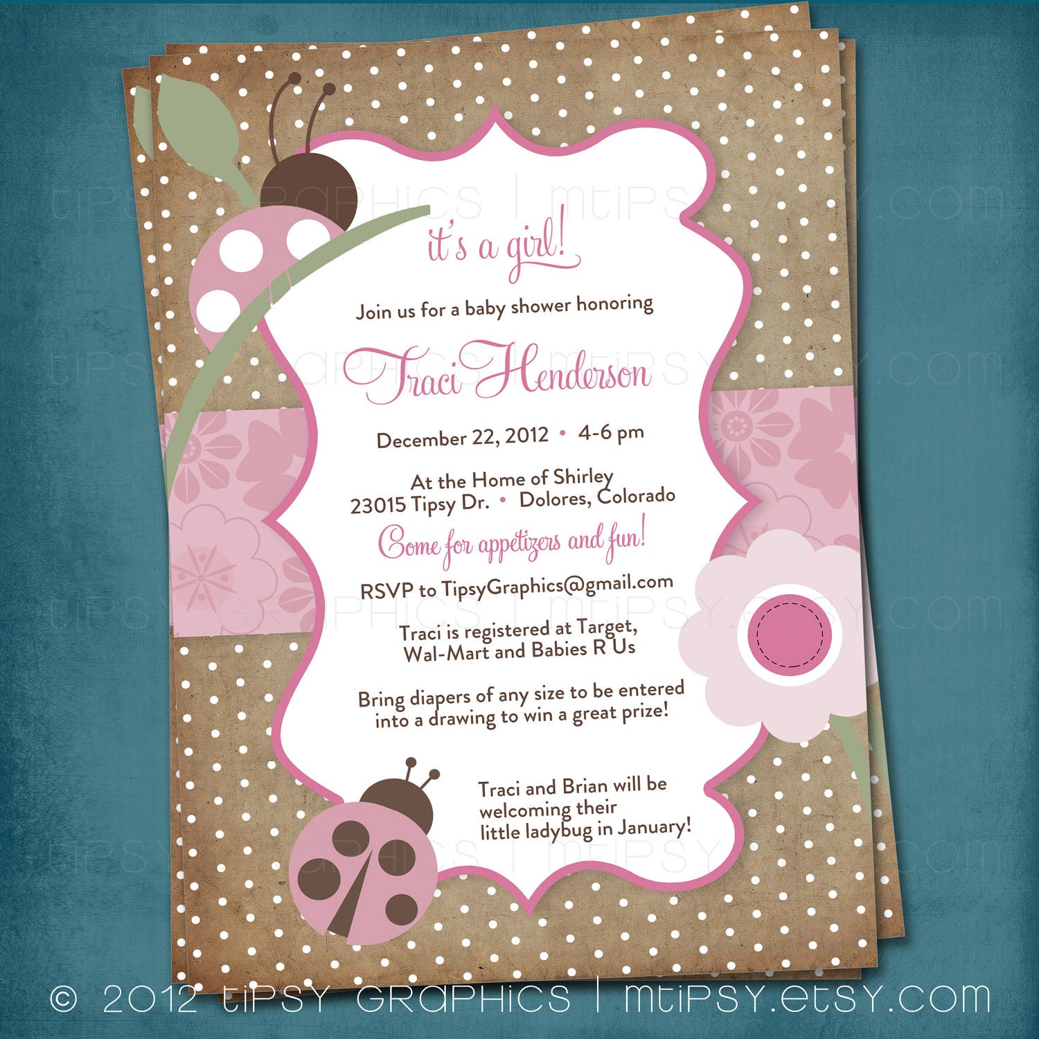 Ladybug Pink & Brown Party or Shower Invite for by Tipsy Graphics Il_170x135