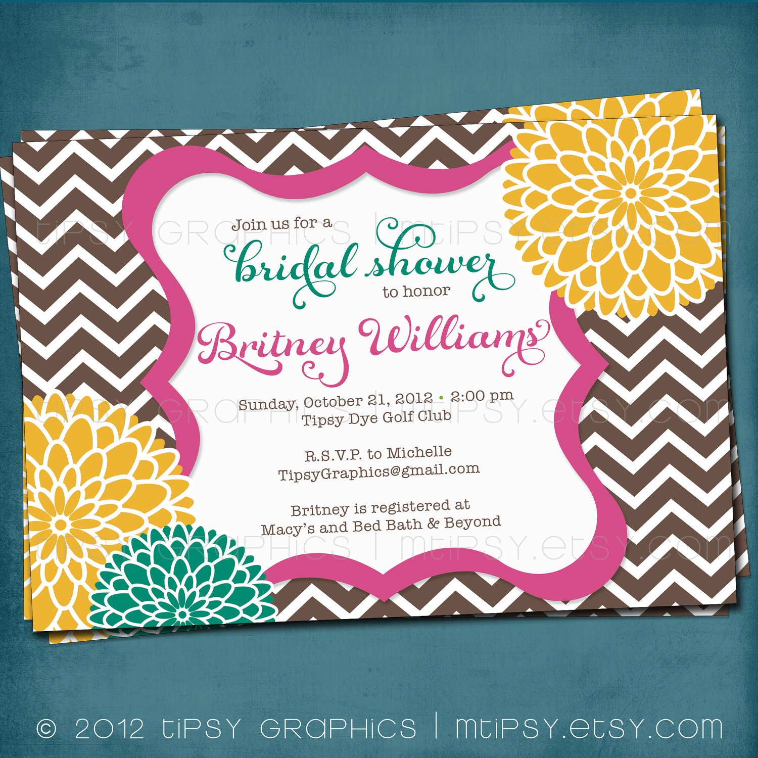 Spa Pom Pom. Chevron Mums Baby / Bridal Shower Invite by Tipsy Graphics. Any colors and text. Il_570xn