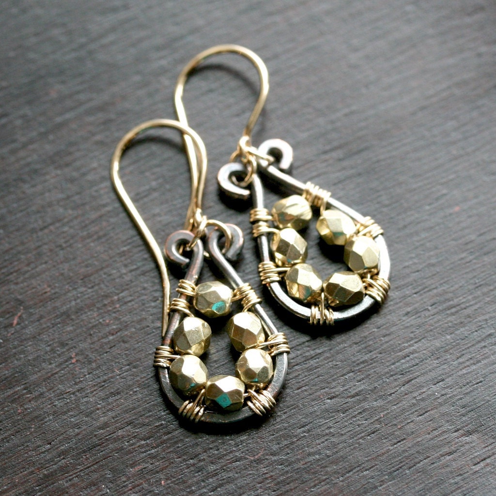 Handmade copper and gold dangle earrings, oxidized, gold filled, drop earrings, Czech glass, mixed metal, wire wrapped