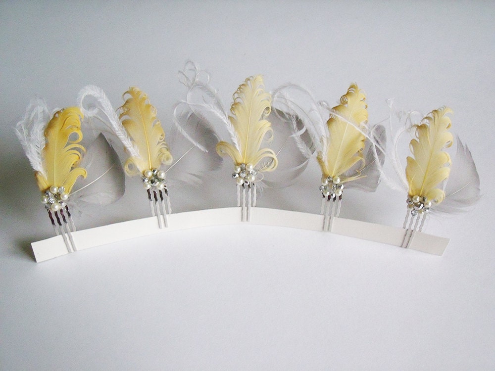 Yellow and Gray Bridal Party Feather Hair Clip Set With Curled Feathers, Crystal and Pearl Accents - Set of (5)