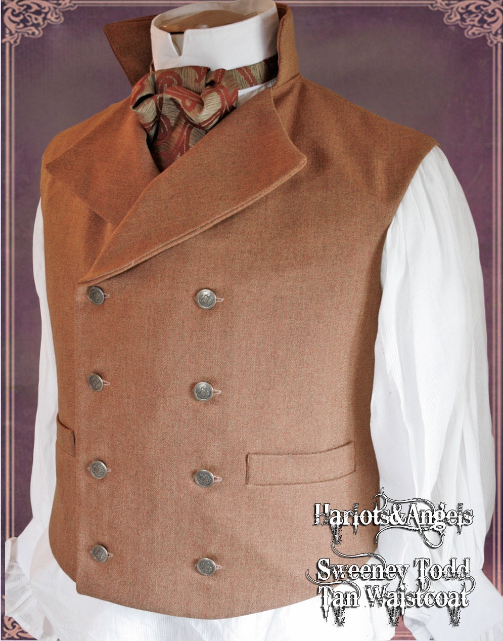 38 - 40"  " chest Tan Brown Pure wool  Double Breasted Waistcoat / vest  'Sweeney Todd style'