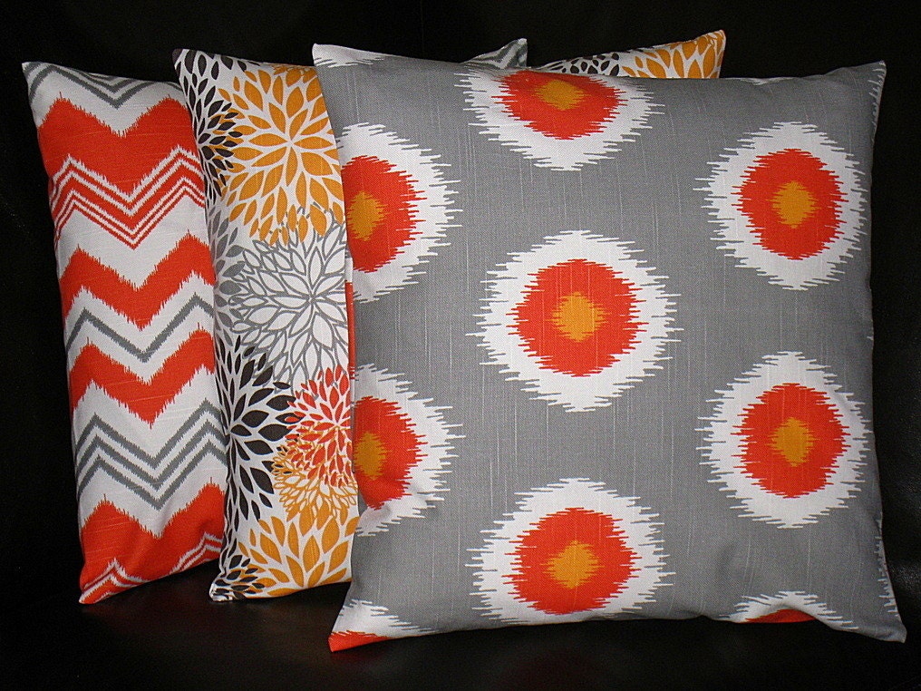 Pillows Decorative Pillows TRIO chevron, bloom, ikat 18 inch Throw Pillow Covers gray 18" orange, brown, grey, chili pepper