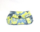 NEW  Pleated clutch with flap closure in tropical print in shades of blue and lime green