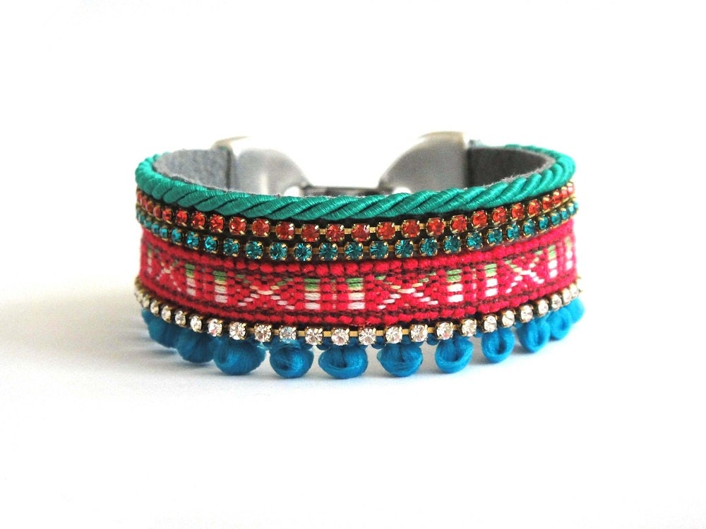Boho chic friendship bracelet cuff - hippie bracelet - gypsy cuff - bohemian jewelry in hot pink turquoise and emerald