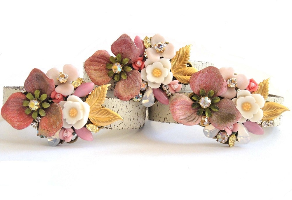Bridesmaids set of 3 - or more - bridal bracelets shabby chic wrist corsages in dusty pink and off white - wedding jewelry bridesmaids gift