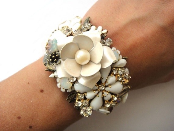 Vintage collage bridal wedding bracelet - rhinestone cuff - flower bracelet - wedding jewelry in white and ivory with Swarovski chrystals