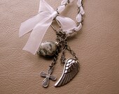 White Silk Ribbon and Antique Silver Chain Dangly Charm Necklace