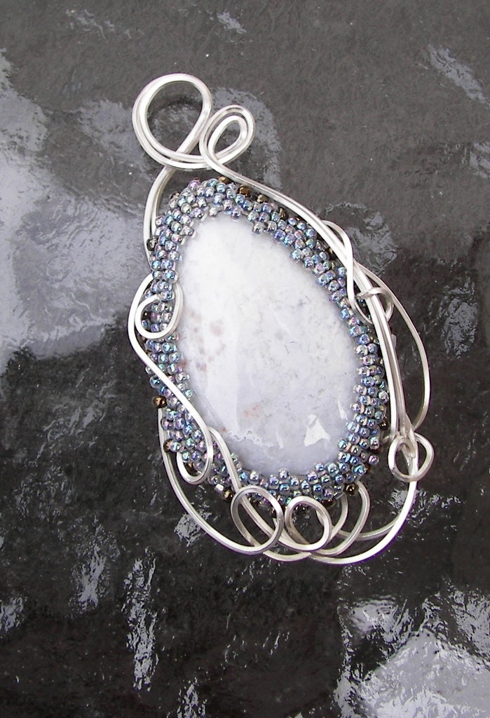 Burro Creek Pastelite Beaded and Sterling Wrapped Pendant