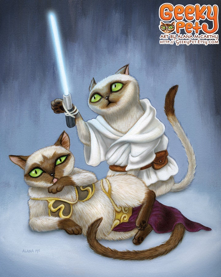 Star Wars Cats - 8x10 art print - Siamese Luke and slave girl bikini Leia kitty with lightsaber on a blue background