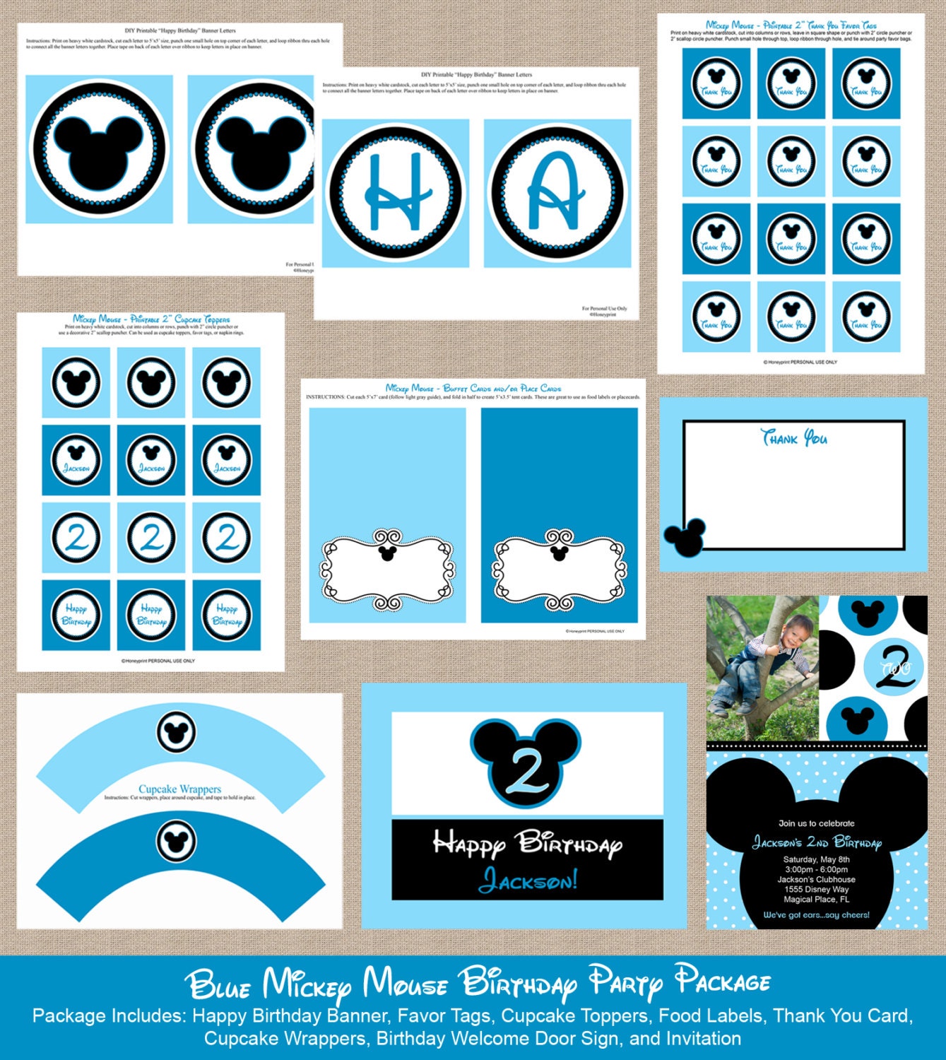 Blue Mickey Mouse Birthday Party Package - Birthday Invitation, Cupcake Toppers, Favor Tags and more