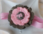 Pink and Brown Felt Flower Headband with Covered Button- Hard Plastic or Soft Elastic Headband
