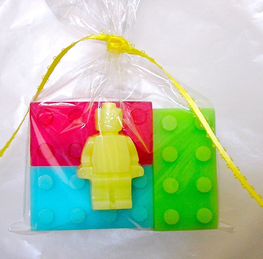 Lego type blocks and Lego Type Men Mini Soap Bricks Party Favors for kids Try one