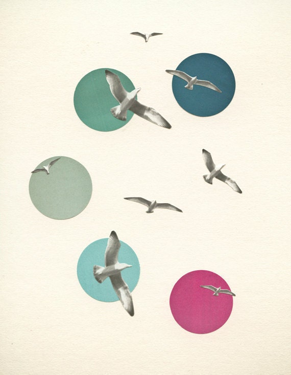 Circling - Bird wall art, seaside decor, coastal art, flock of seagulls, blue shades, hot pink, bathroom art 8x10 Giclee print