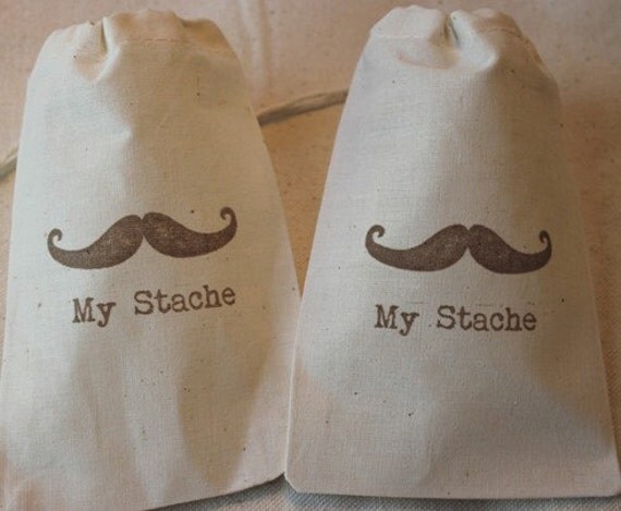 10 Coffee Brown My Stache Mustache Organic Muslin Cotton Drawstring Favor Gift Bags 4X6 - You choose ink color Il_570xn