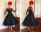 STUNNING 1950's Couture New Look Inky Black Silk Organza Over Satin Illusion Sheer Top Party Dress w/ Sweetheart Bust - Dior - VLV - Size M