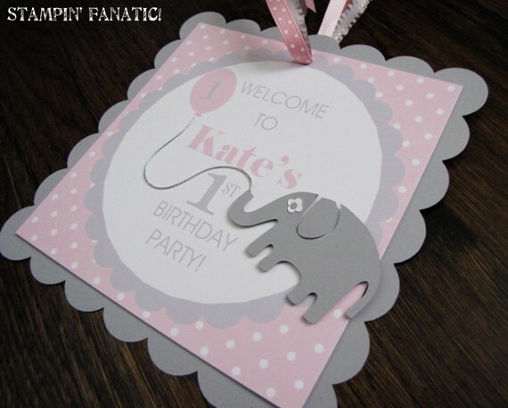 Sweet Little Peanut Collection: Custom Square Scallop Door Sign... Pink and Grey Elephant. Elephant Birthday. Elephant Shower. Il_570xn