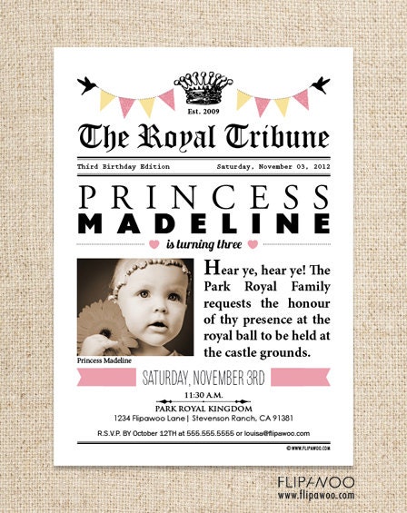 Princess Invitation Design (Newspaper Style) by FLIPAWOO - Customized Printable File