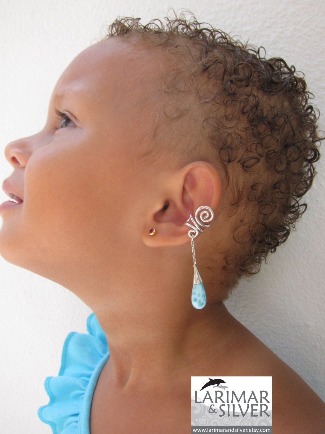 Ear cuff with Larimar, Tribal Nymph - gorgeous tropical blue Larimar dangling drop