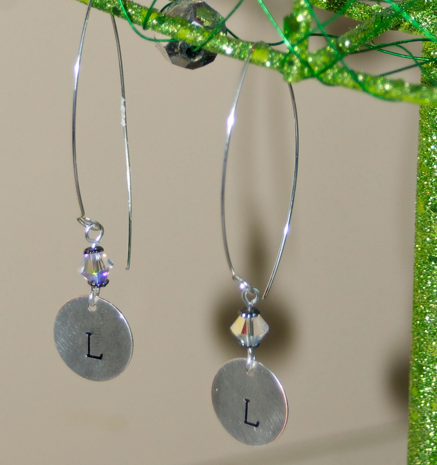 Personalized Silver Disc Initial Dangle Earrings by Glimma.......custom made