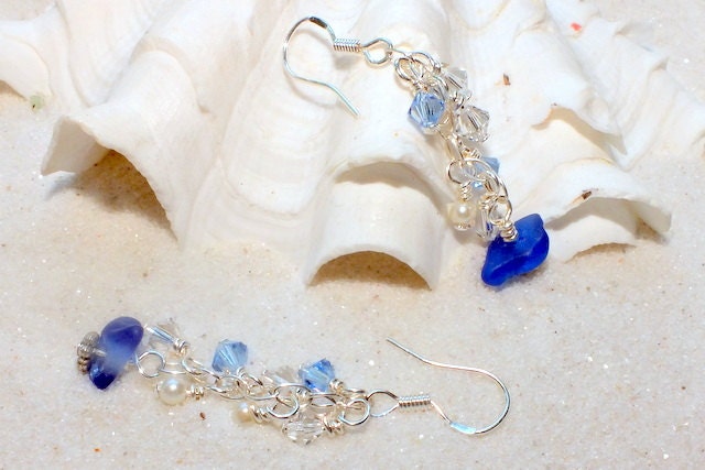 Sea Glass Earrings Cobalt Blue Crystals Lake Erie Wedding Bridal