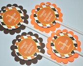 12 Birthday Cupcake Toppers - Argyle, Halloween, Autumn Birthday Party Decorations - Fall Colors Brown, Orange, Yellow