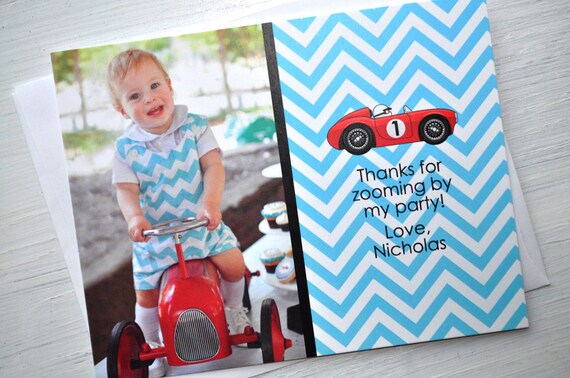 10 Boys Birthday Thank You Cards, Invitations, Chevron - Race Car Birthday - Party Decorations in Blue, Red, Yellow & Black Il_570xn
