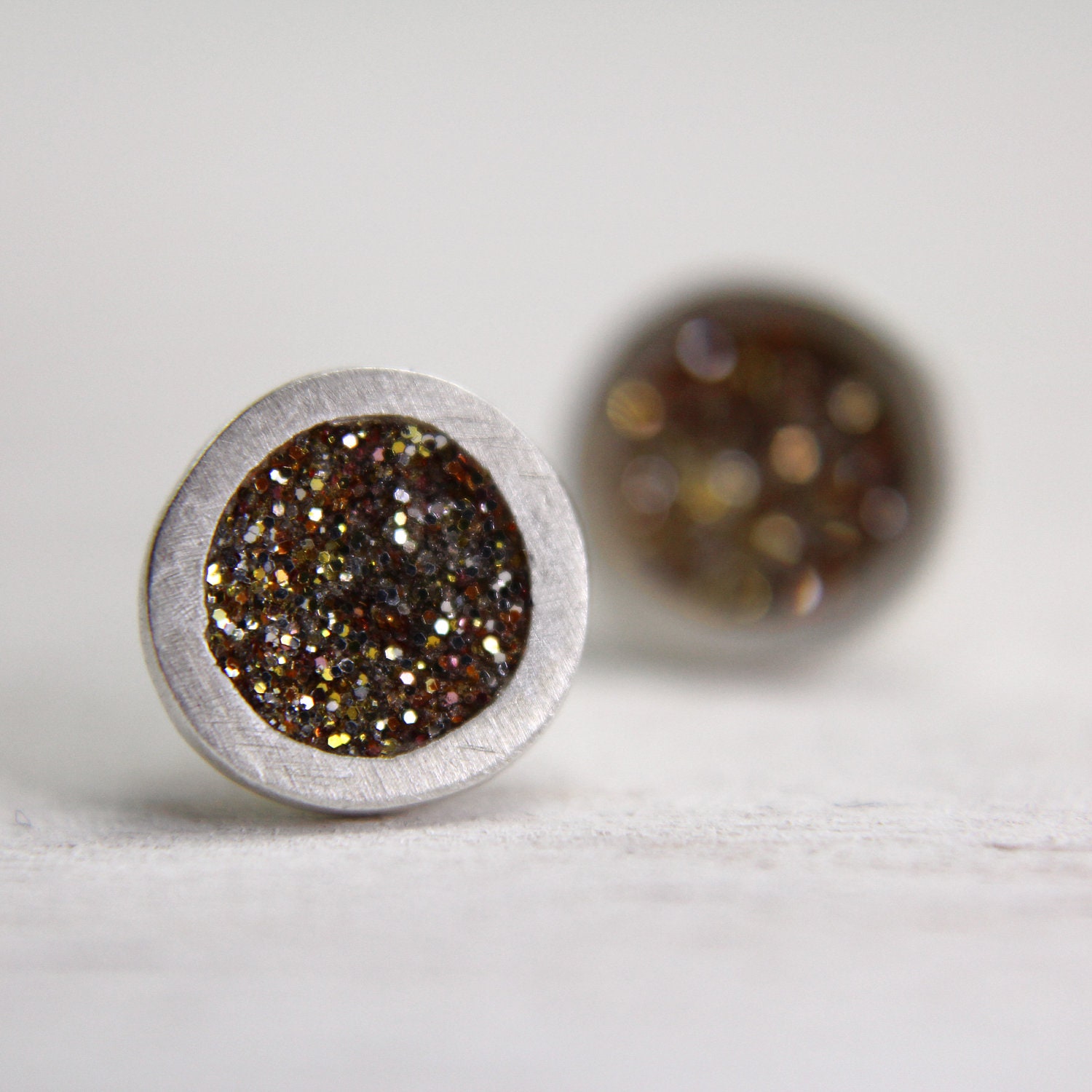 fine silver post earrings with gold sparkles - organic post earrings - sterling silver