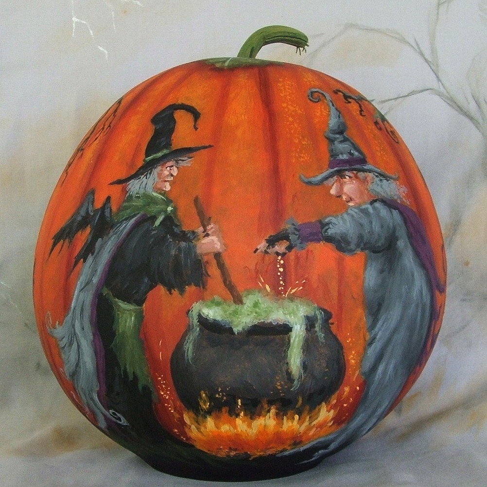 Toil and Trouble, Halloween gourd, hand painted, original design, 7 inches tall, 6 inches diameter