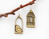 Little bird out of the cage- sterling silver and walnut earrings
