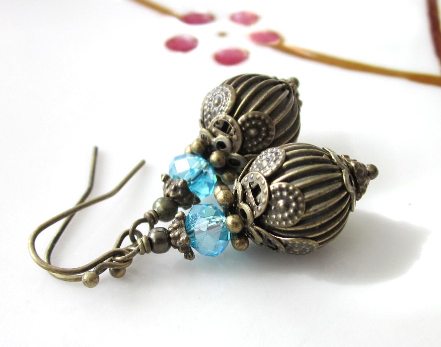 Vintage Faceted Glass Blue Crystal Brass Earrings