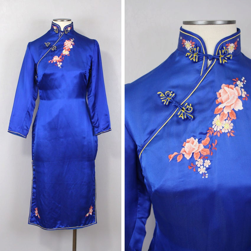Vintage Silk Cheongsam Dress Sapphire Blue Embroidered Floral Mandarin Collar Cocktail Dress