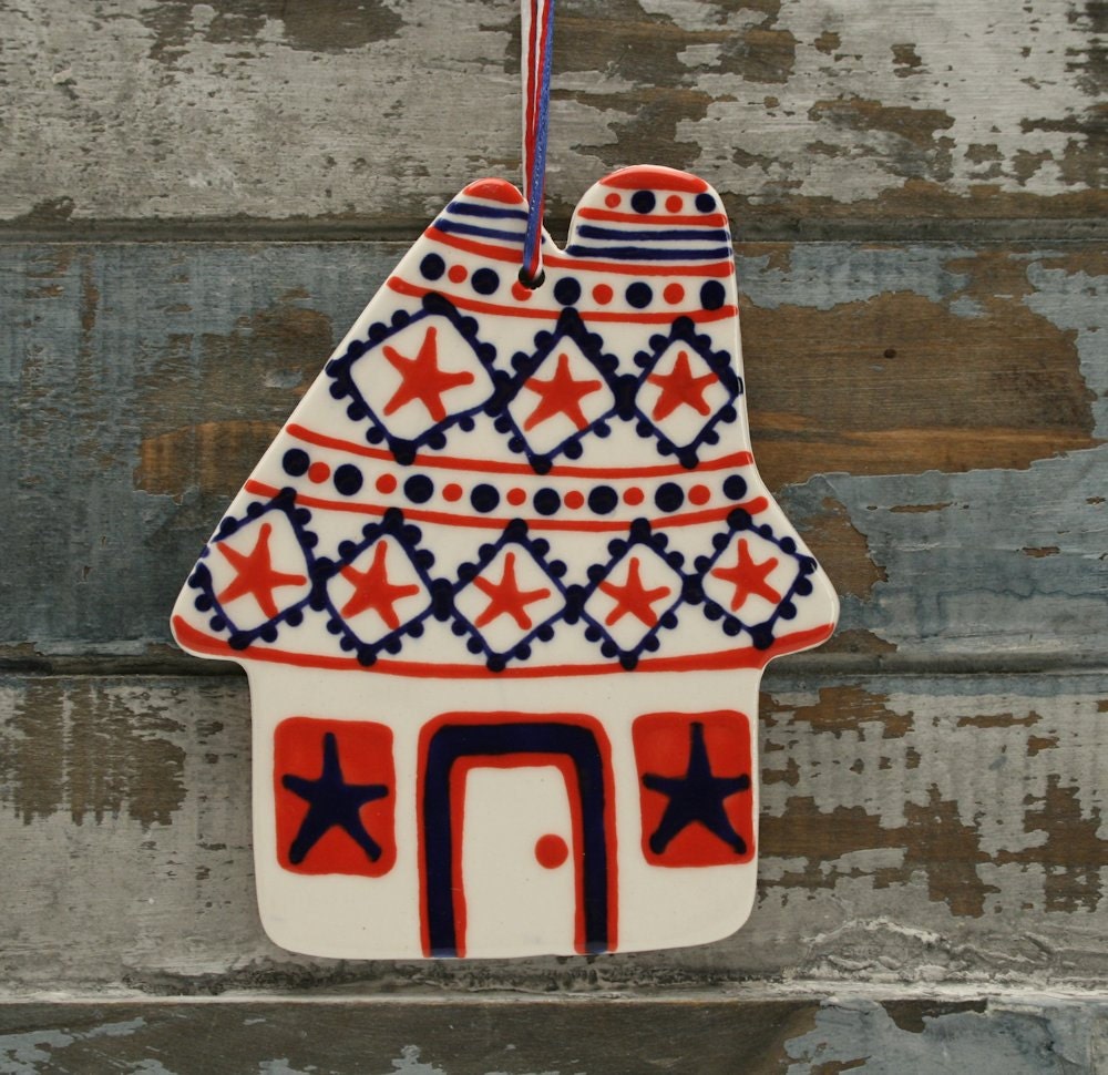 USA Patriotic Cottage Ceramic House Ornament Hand Painted