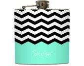 Chevron Personalized Flask with Your Name Black White Zig Zag Stripe Pattern 21st - Stainless Steel 6 oz Liquor Hip Flask LC-1018