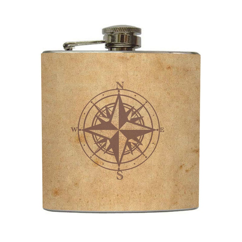 Compass Whiskey Flask Outdoors Traveler Camping Hiking Topo Groomsmen Gift Stainless Steel 6 oz Liquor Hip Flask LC-1045