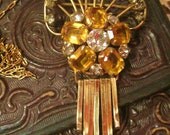 20% Off (cupon code APRILSHOWERS2) Antique Victorian Goldfilled Amber White Rhinestoned Pendant Brooch Art Deco Pronged Rhinestones