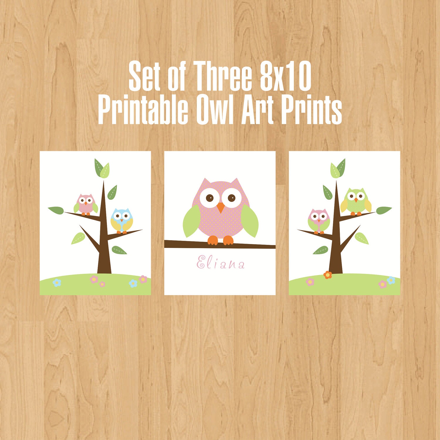 Set of Three 8x10 Printable Owl Art Prints