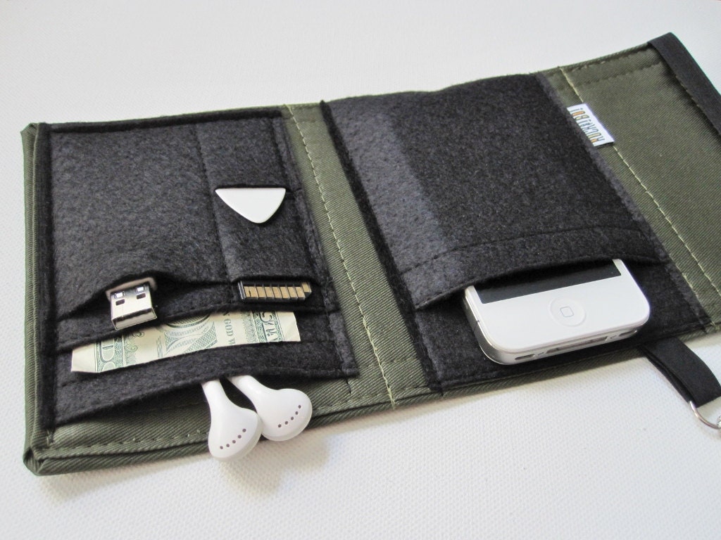 Nerd Herder gadget wallet in Olive Your Wallet for iPhone 5, Android, iPod, camera, SD cards, USB, batteries, guitar picks, IDs