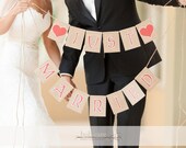 Rustic JUST MARRIED Banner with Hearts, Vintage Wedding in Kraft and Burlap, Custom Colors Available