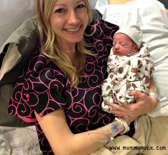 Lucille Hospital Maternity Gown in Black and Hot Pink-Deliver Your Baby in Style by Mommy Moxie on Etsy