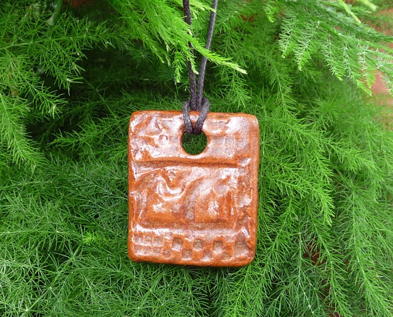 Rectangular Pendant & Cord Necklace - Kiln-Fired Stoneware Clay - Camel Glaze