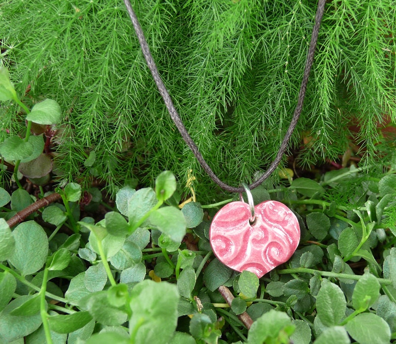 Small Heart Pendant & Cord Necklace - Kiln-Fired Stoneware Clay - Raspberry Glaze