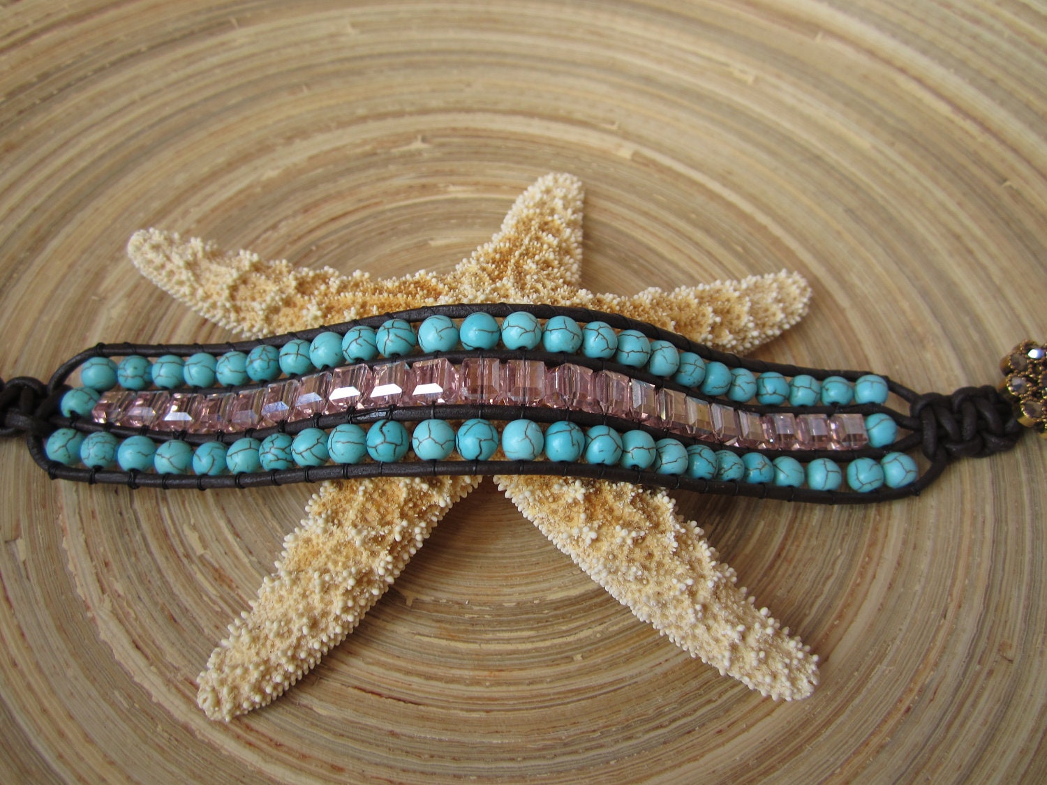 Boho Chic leather wrap cuff bracelet, triple row wrap bracelet, pink, turquoise