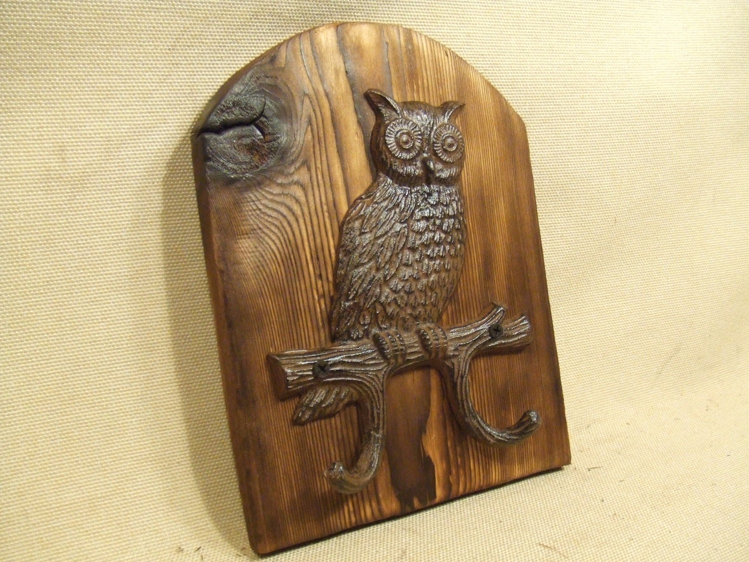 Rustic Cast Iron Owl coat rack  -- lodge cabin decor -- rich patina on cast iron hooks and western cedar