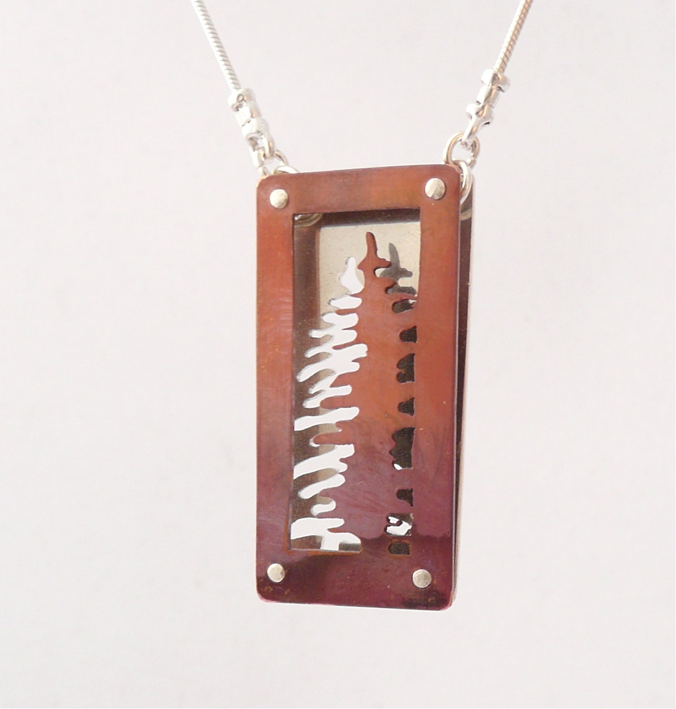 Sterling Silver and Copper Spruce Pine Fir Tree Shadow Box necklace, hand-crafted OOAK