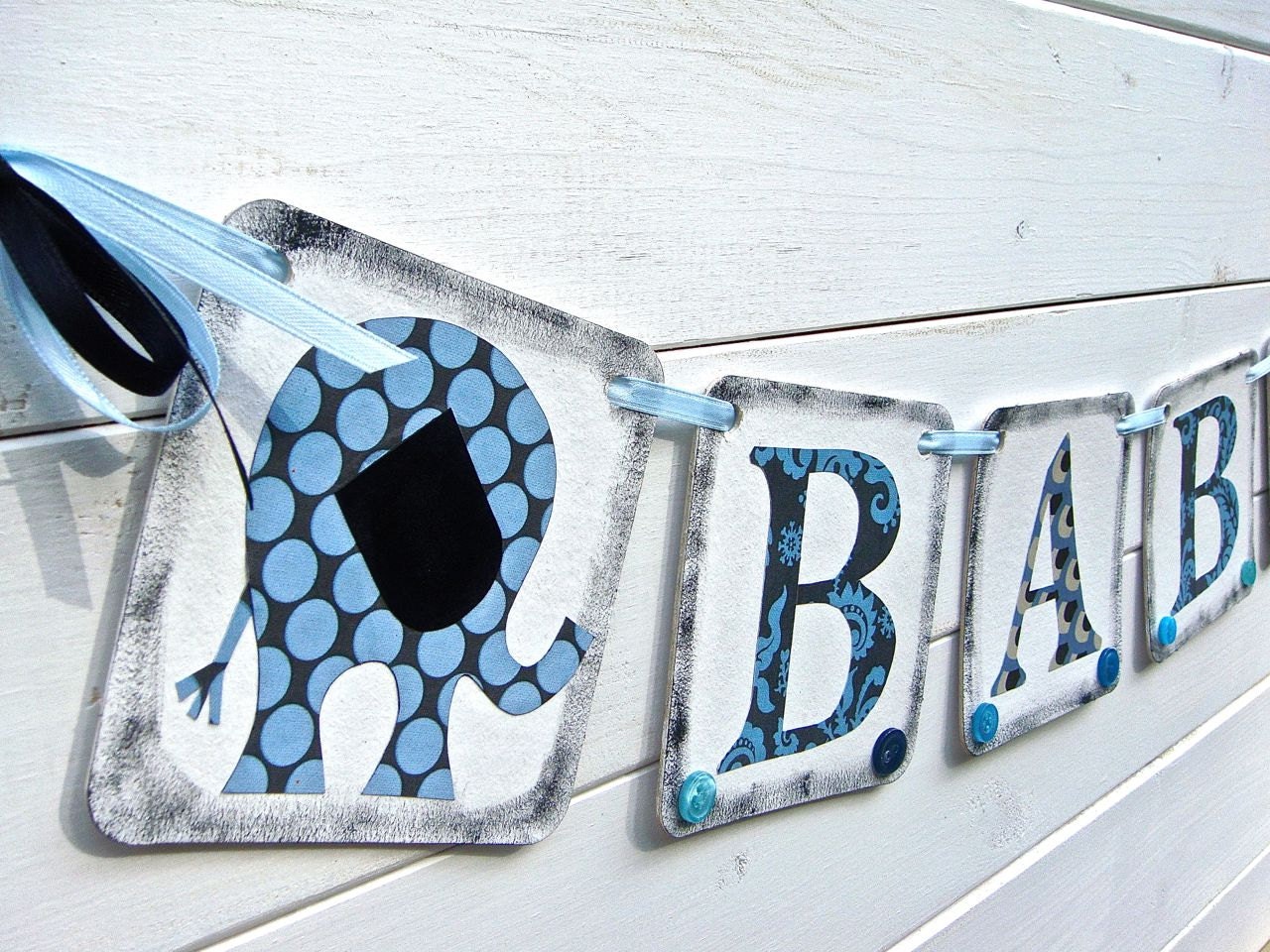 Boy Baby Shower Banner, Elephant Banner,Baby Shower, Blue Black Gray, Hand painted baby shower banner, boy nursery