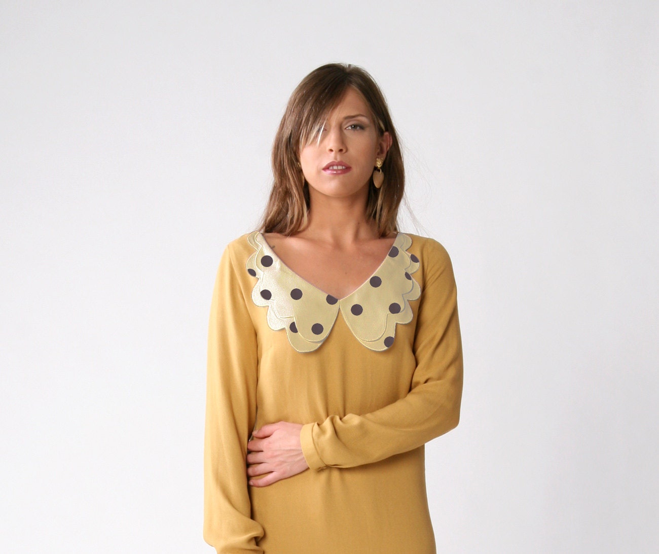 Winter SALE, Women long sleeve dress, Mustard Viscose dress, Scalloped collar , Formal dress, Shift dress