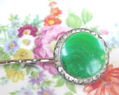 Vintage hair pin upcycled, handmade, rhinestones and green