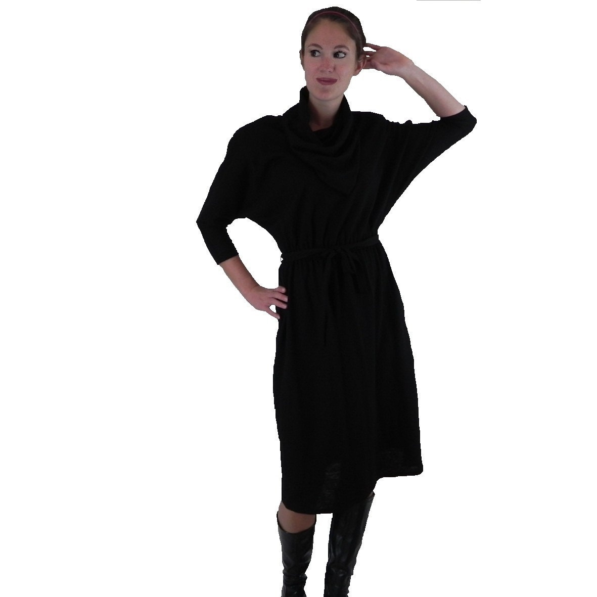 Black Dress Dolman Sleeves Large Cowl Vintage Dennis Goldsmith 1980s Size Medium