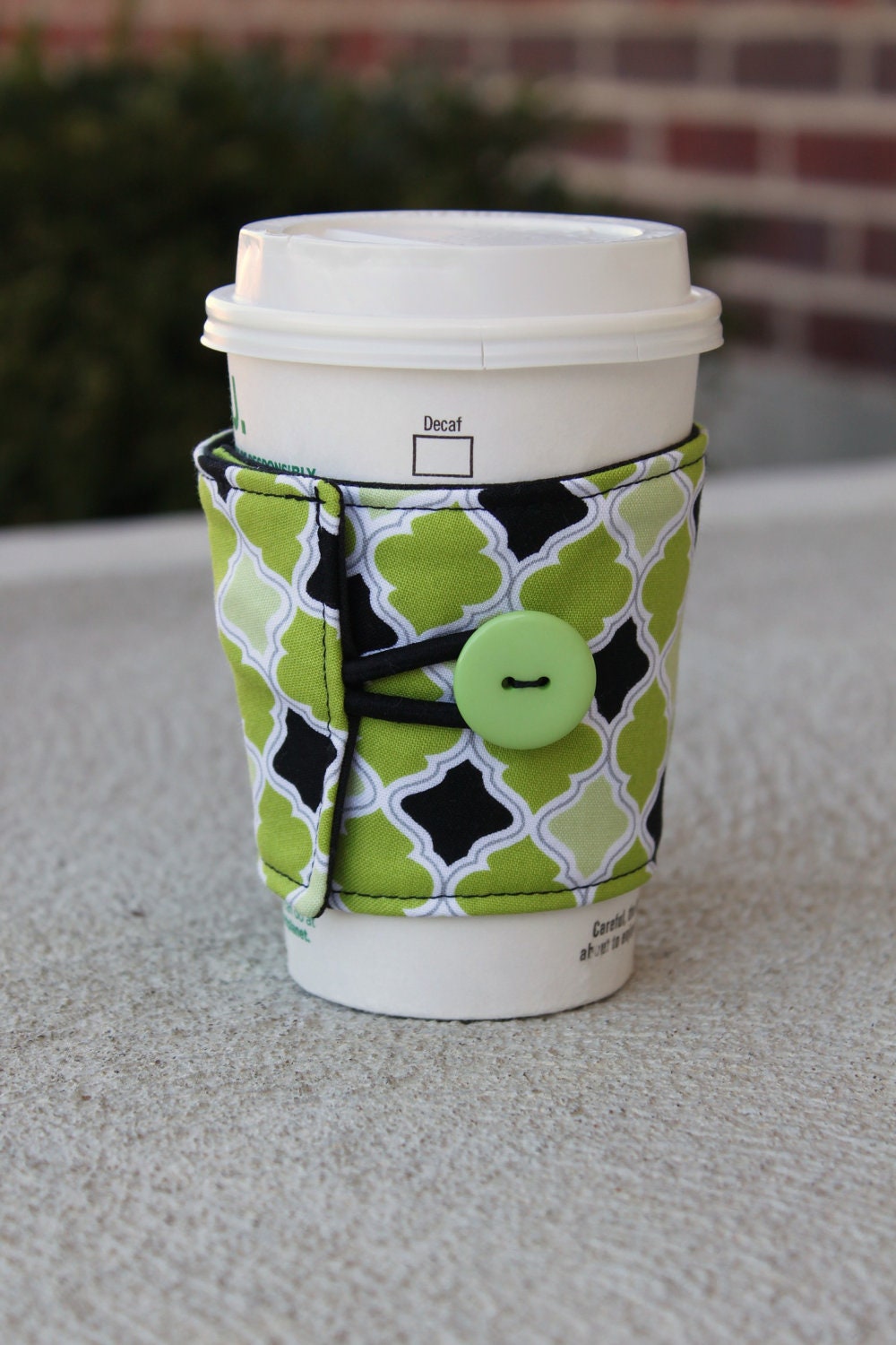 Reusable Coffee Cup Cozy / Sleeve - Lime Green and Black Diamonds